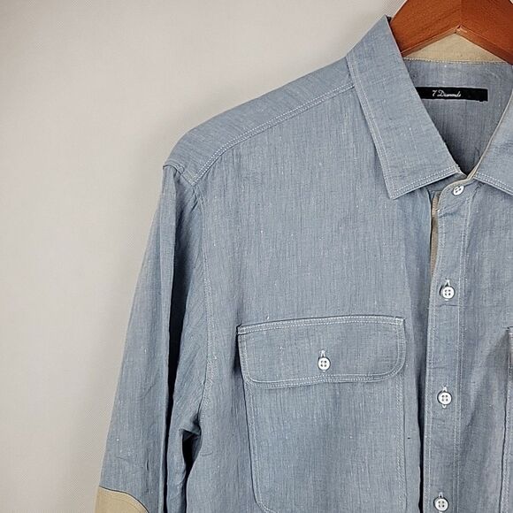 7 Diamonds Cowboys & Angel Shirt Men Medium Linen Slub Elbow Patch Contrast Cuff - Picture 5 of 15
